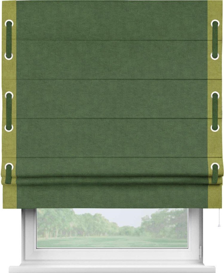 Римская штора «Кортин» для проема, канвас зелёный, с кантом Стрим Дуо (люверсы с пояском)